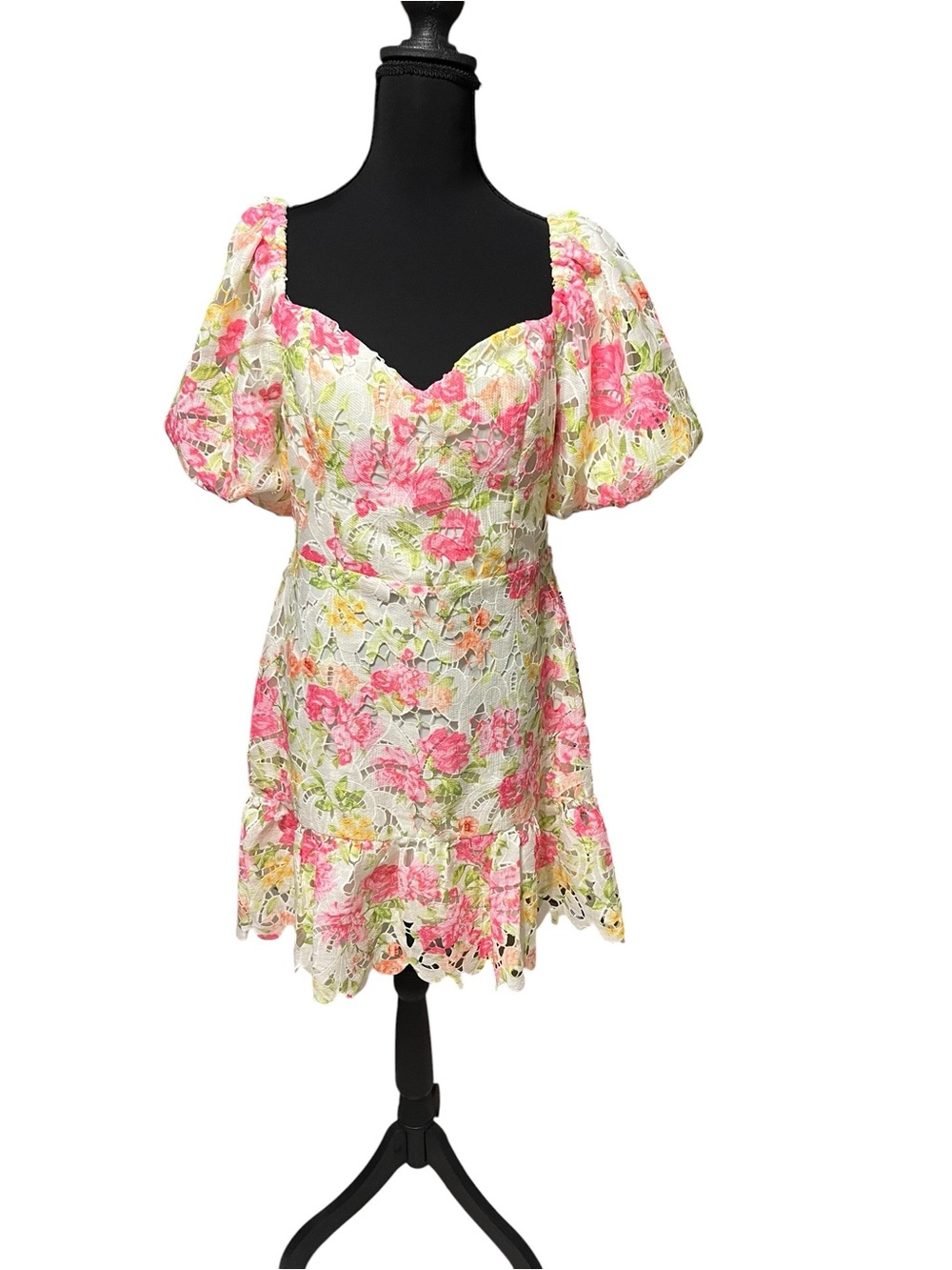 Flying Tomato Pink Floral Lace Puff Sleeve Mini Dress Size Large NWOT - Picture 2 of 7